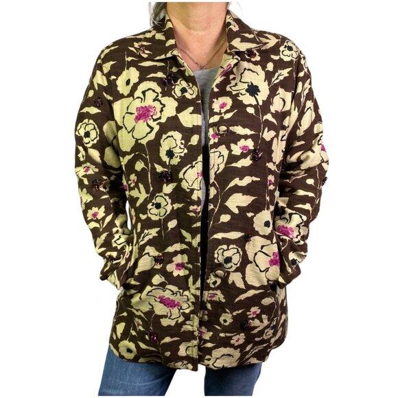 Chicos Womens Floral Embellished Jacket Statement knit Brown Pink spring large - Picture 9 of 11